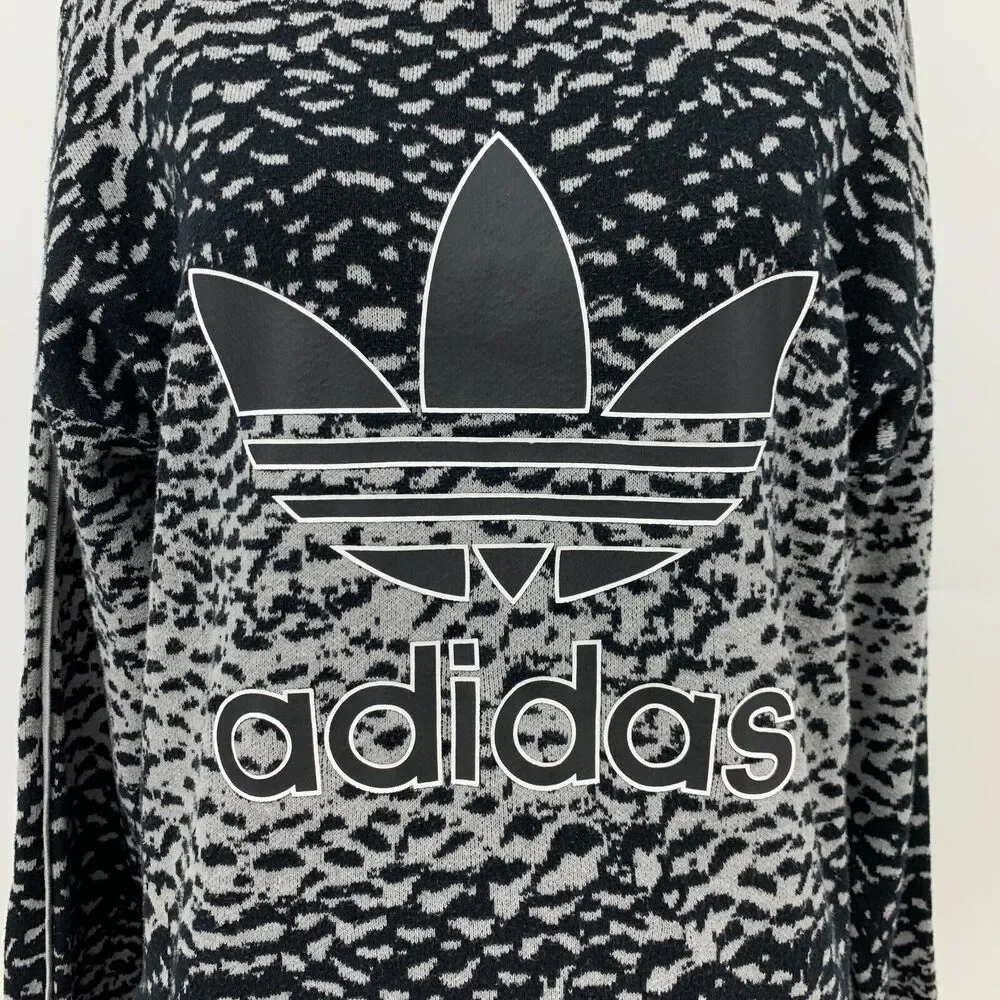 Adidas Sweater Womens XS Gray Black Helsinki Ice Print Cotton Knit Drop Shoulder